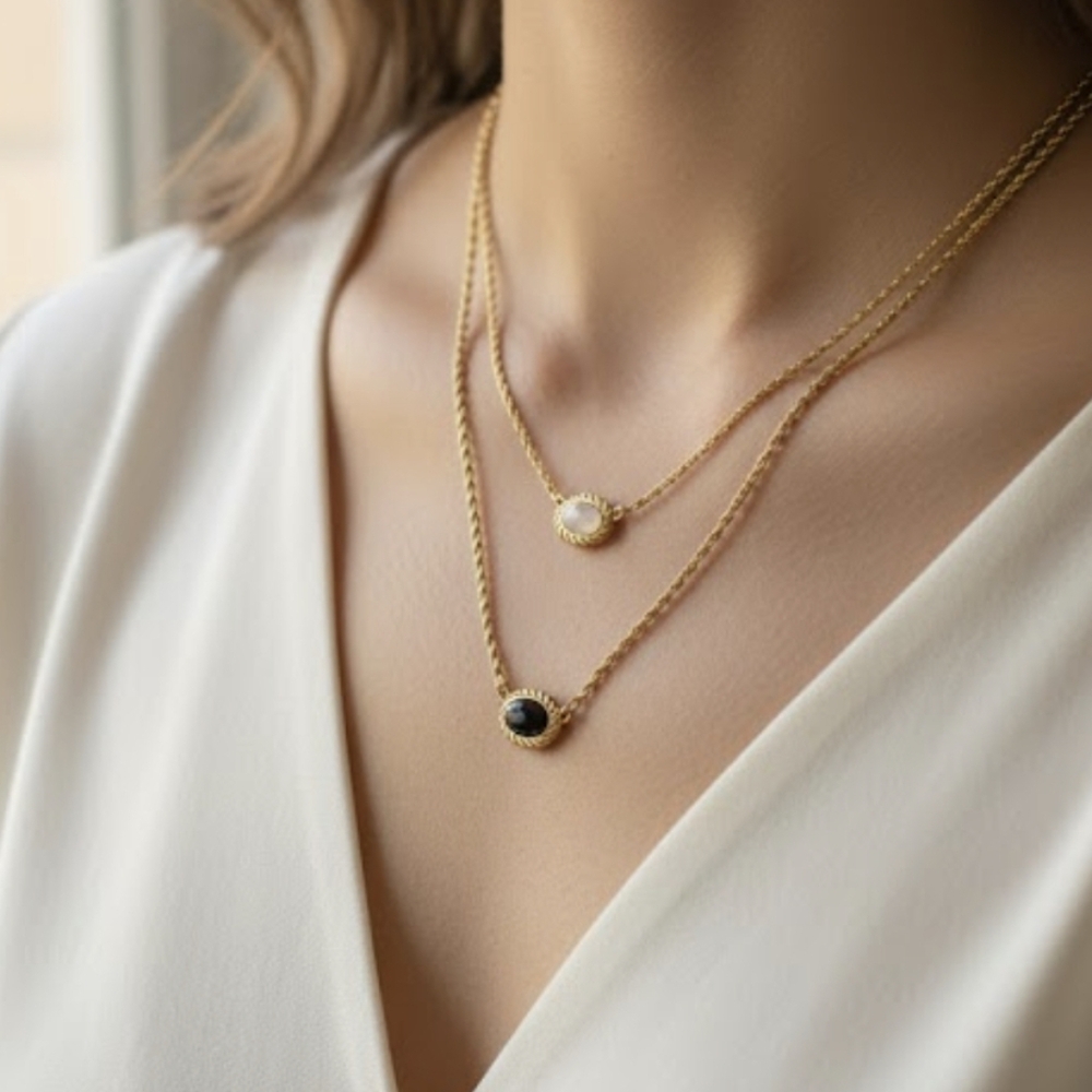 Elegant 18k GP Whote and Black Layered Necklace